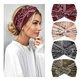 4 Pack Boho Paisley Wide Headbands For Women, Vintage Knotted Elastic Non Slip Sweat Head