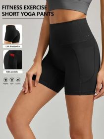 Plus Size Yoga Biker Shorts with Pockets (Color: Black, size: M)