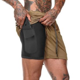 Men's Double Layer Quick Dry Training Shorts (Color: Khaki, size: M)